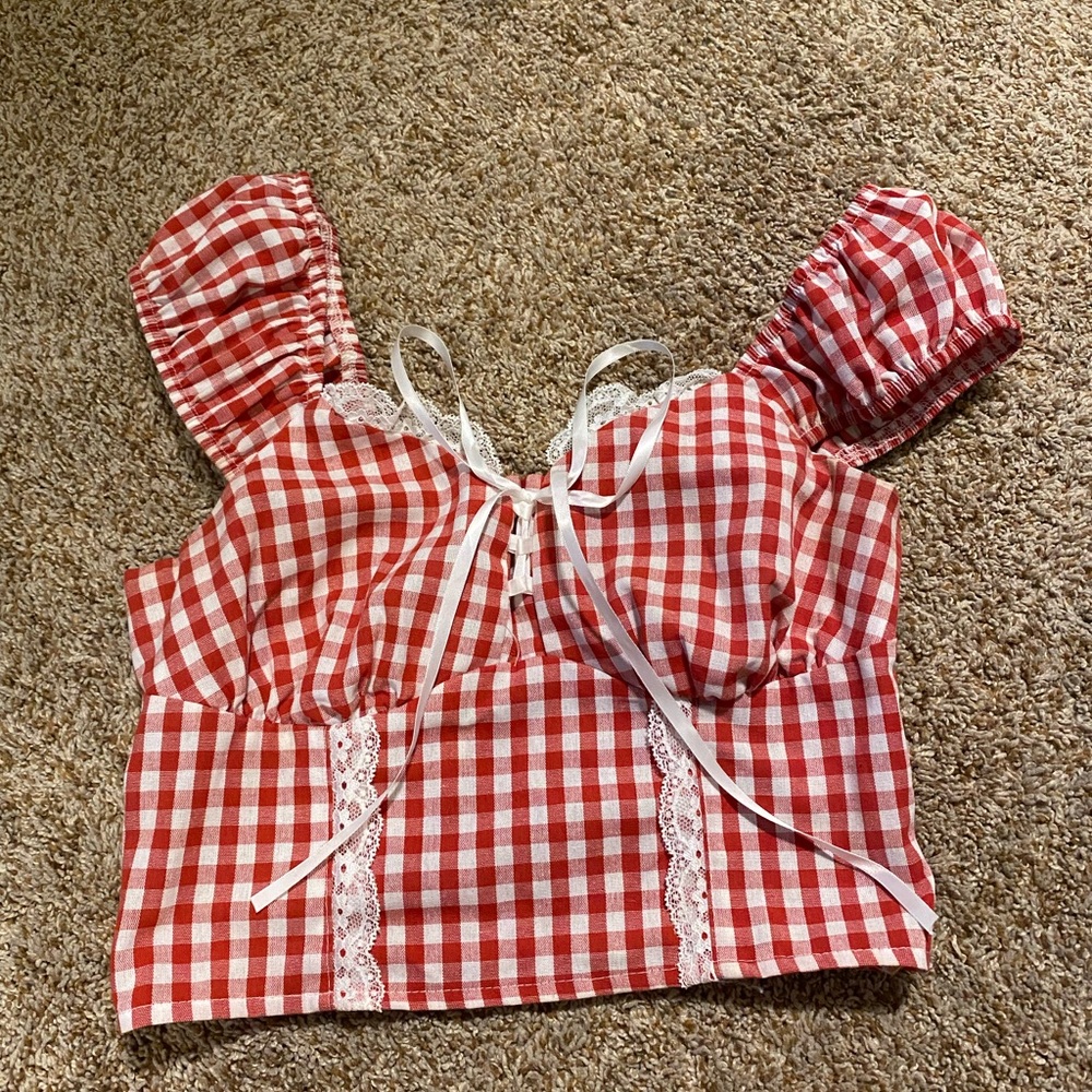 Red Gingham Top With Lace